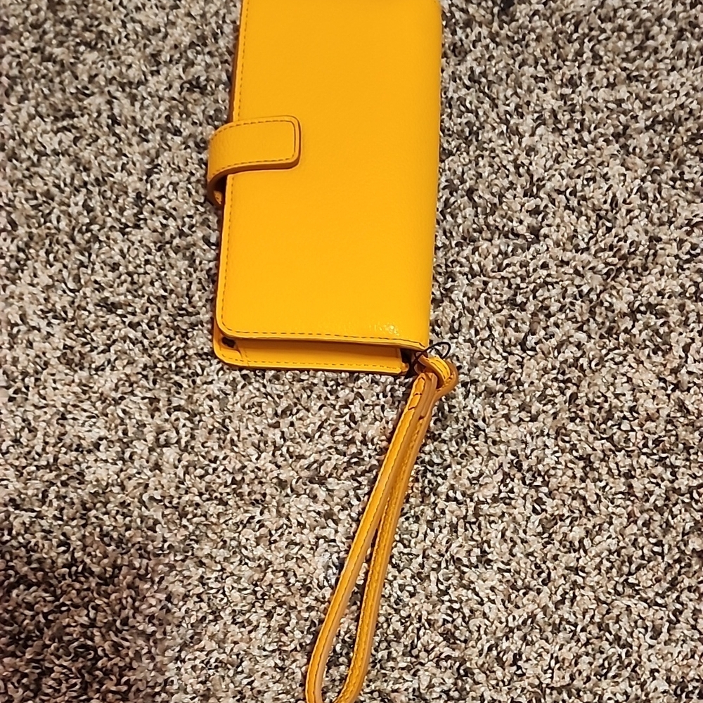 Vibrant Yellow Leather Phone Case with Wrist Strap and Textured Surface
